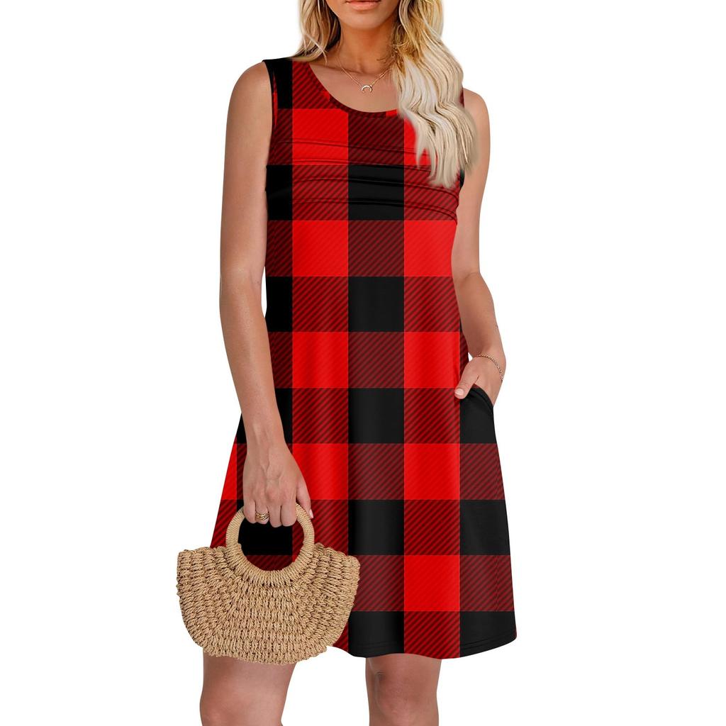 Женские летние платья с круглым вырезом, плиссировкой спереди, без рукавов, карманами, сарафаном, повседневным платьем