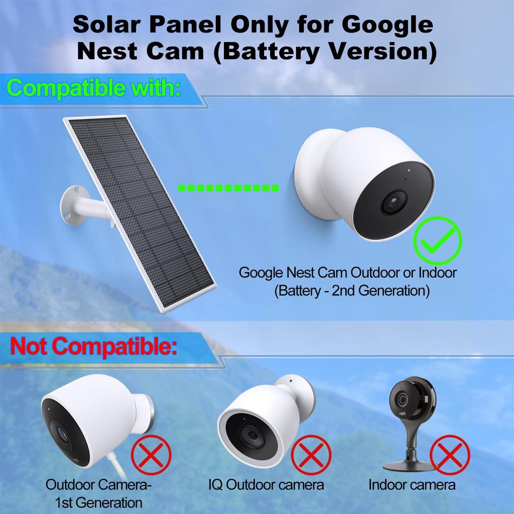 Солнечная панель для Google Nest Улучшенная Google Nest Cam Внутренняя Наружная Солнечная зарядка Гибкая солнечная панель с водонепроницаемостью IP65 и ножками Быстрая зарядка