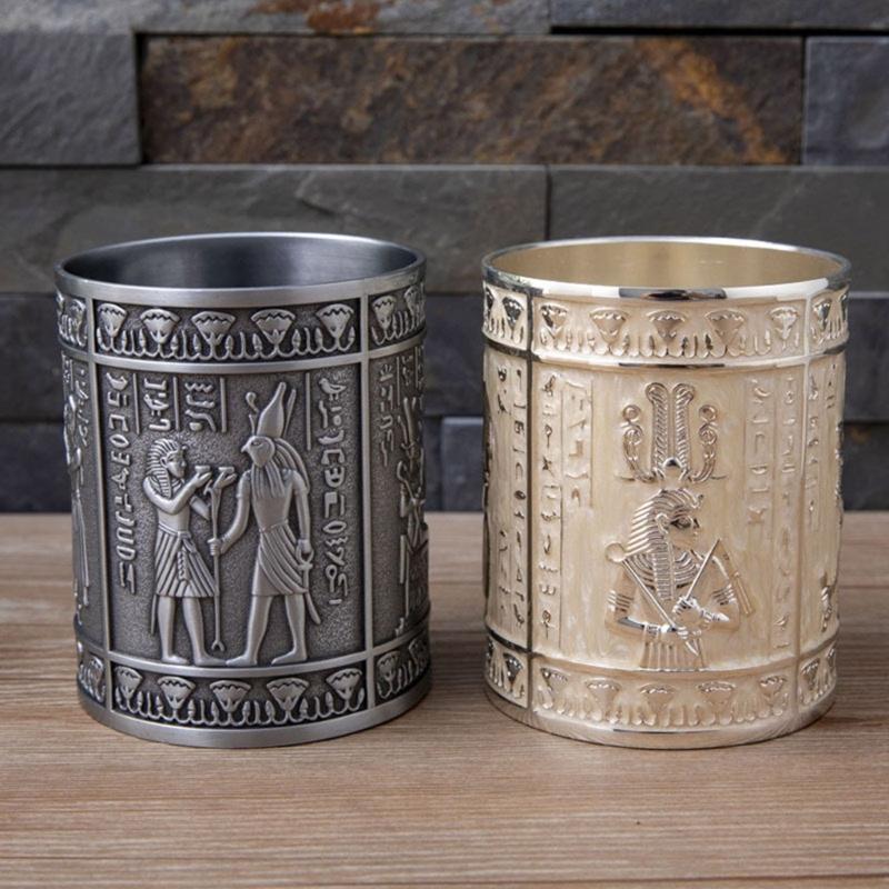 Retro Egyptian Embossed Pen Stand Cylinder Shape Alloy Pen Cup Desktop Organiser Storage Box for Office Desk Decoration