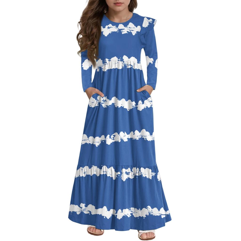 Girls' Tiered Ruffle Dress - Long Sleeve Printed Maxi With Pockets