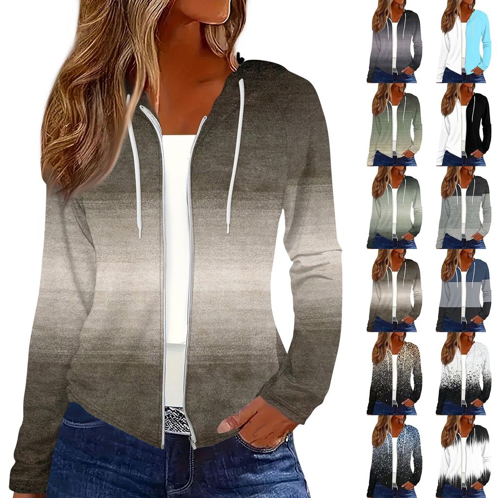 Women's Fashion Casual Zip Up Hooded Print Long Sleeve Sweatshirts Coat