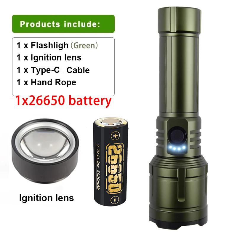 Super Bright Flashlight with Flame Ignition Type-C Rechargeable Outdoor Zoomable Aluminum Alloy Floodlight Camping Adventure