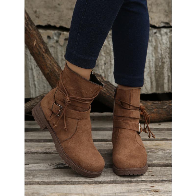 Осенне-зимние полусапожки большого размера с круглым носком, боковой молнией, низким каблуком, плоским дном, пряжками на ремне и замшевыми ботинками Martin