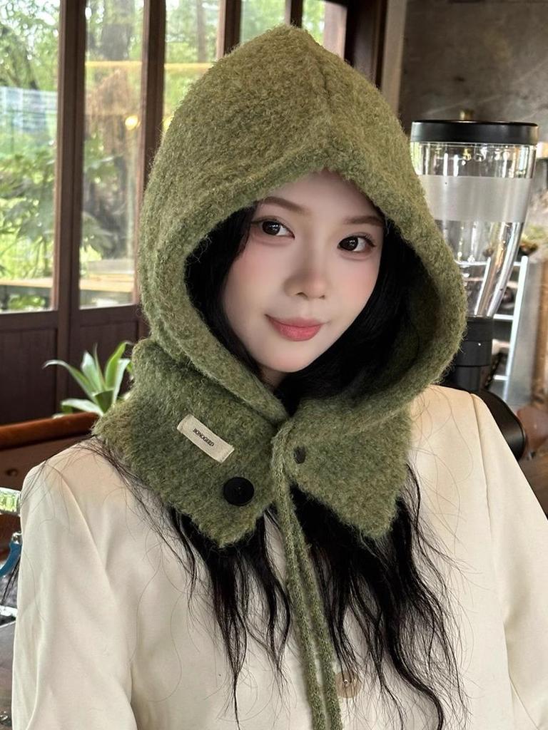 Женская корейская шерстяная балаклава: Ветрозащитная, теплая вязаная шапка с ушами для осени и зимы