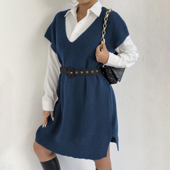 Женский свитер-жилет с V-образным вырезом, без рукавов, однотонный, вязаный, свободного кроя, с боковыми разрезами, повседневный свитер-жилет