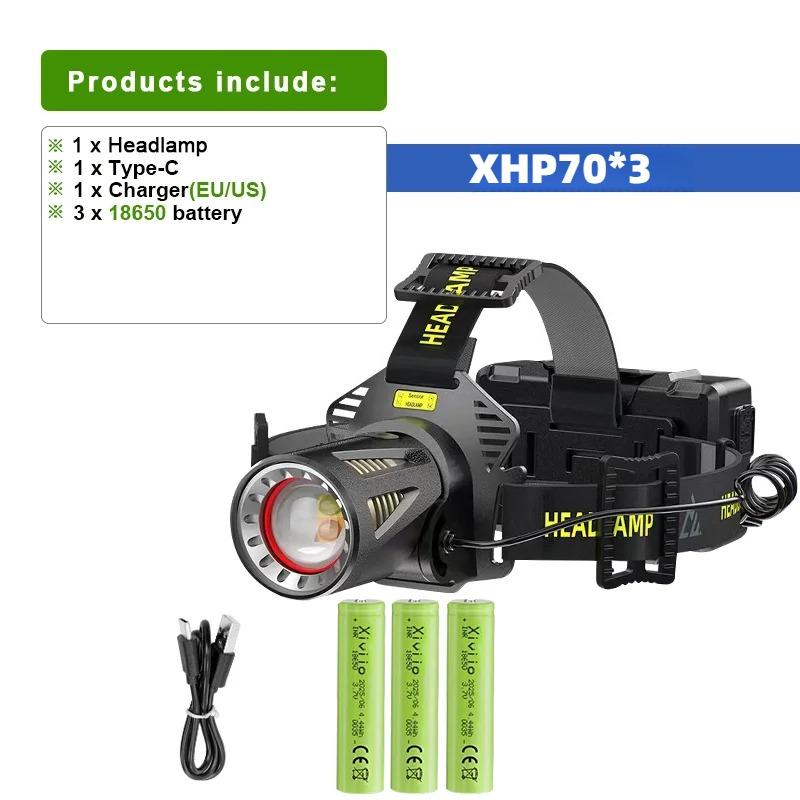 30 Вт Мощный XHP360LED Налобный фонарь Перезаряжаемый Налобный фонарь Уличный Водонепроницаемый Светодиодный ИК-датчик Кемпинг Охота Налобный фонарь Рабочий свет