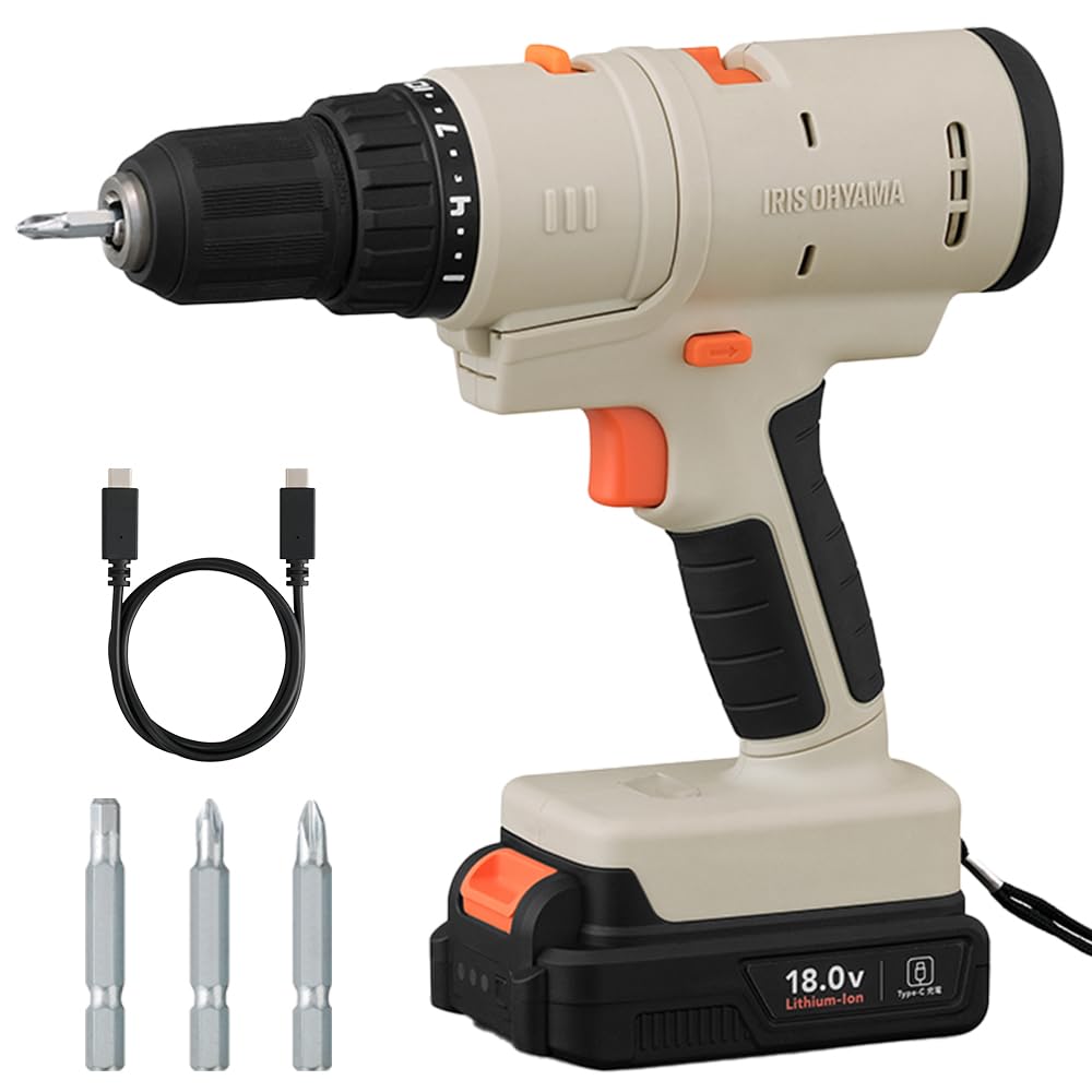 Iris Ohyama Multi-Gear Rechargeable Drill Driver Set, 18V, JM18DRS, Sand Beige