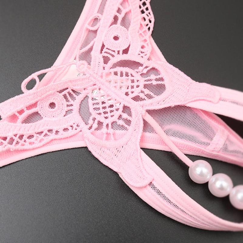 Butterfly Panties Sexy Beading Thong G String With Pearls Lace Underwear Women Open Crotch Lingerie