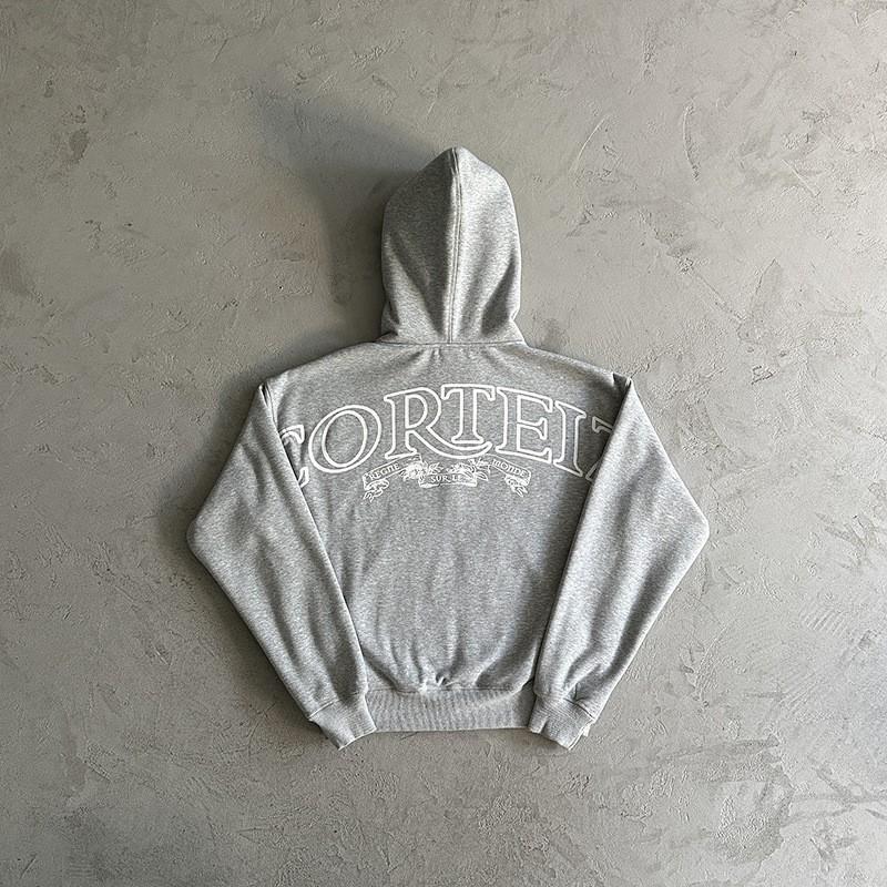Mens Gray Hooded Zip-Up Sweatshirt Set With Graphic Print Cotton Blend Fleece-Lined Loose Fit Fall Casual Wear