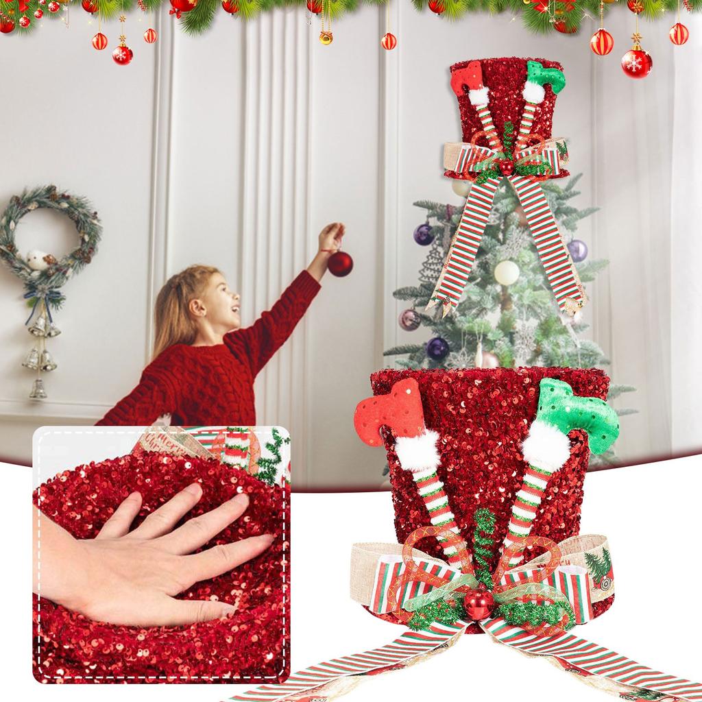 Рождественская шляпа-верхушка для елки, забавная шляпа-верхушка для елки с ножками, красная шляпа-котелок с блестками и удлиненной лентой-бантом, украшения для елки