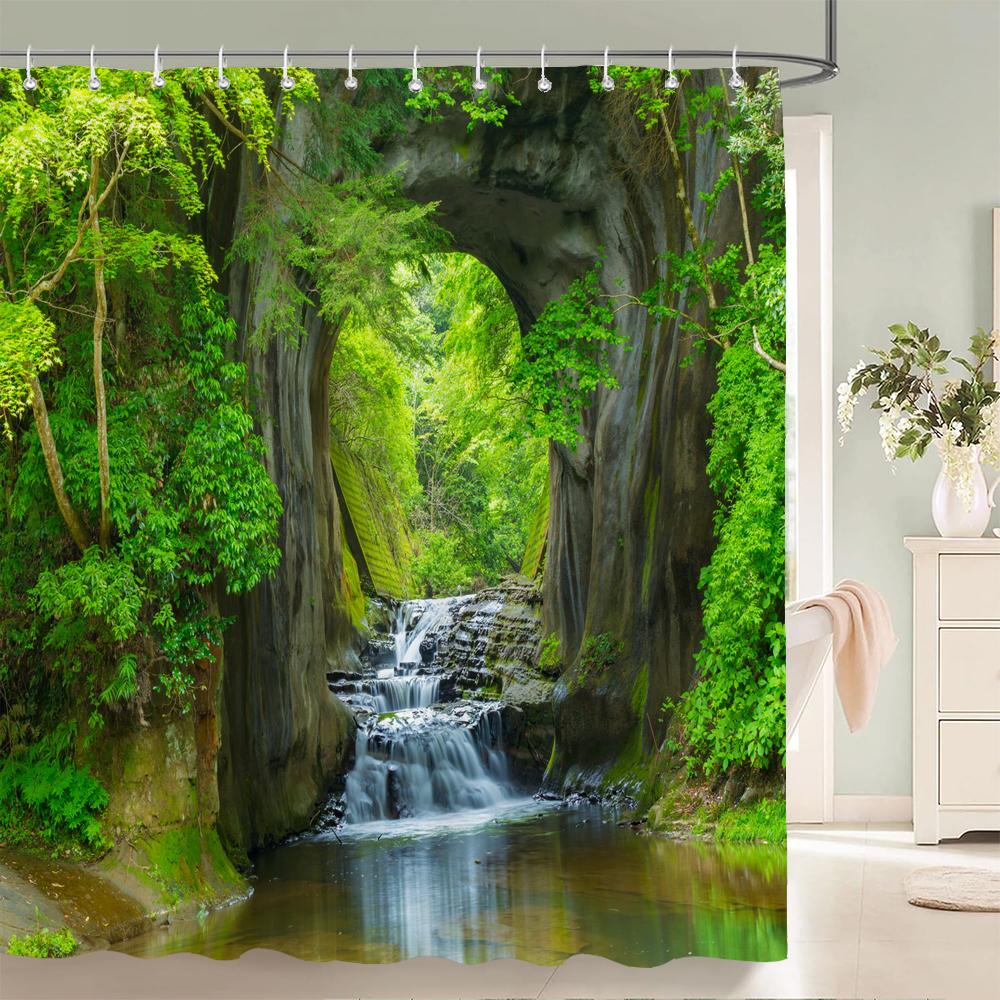 Modern 3D Printing Forest Shower Curtain Green Plant Tree Landscape Bath Curtain With Hooks For Bathroom Waterproof Scenery