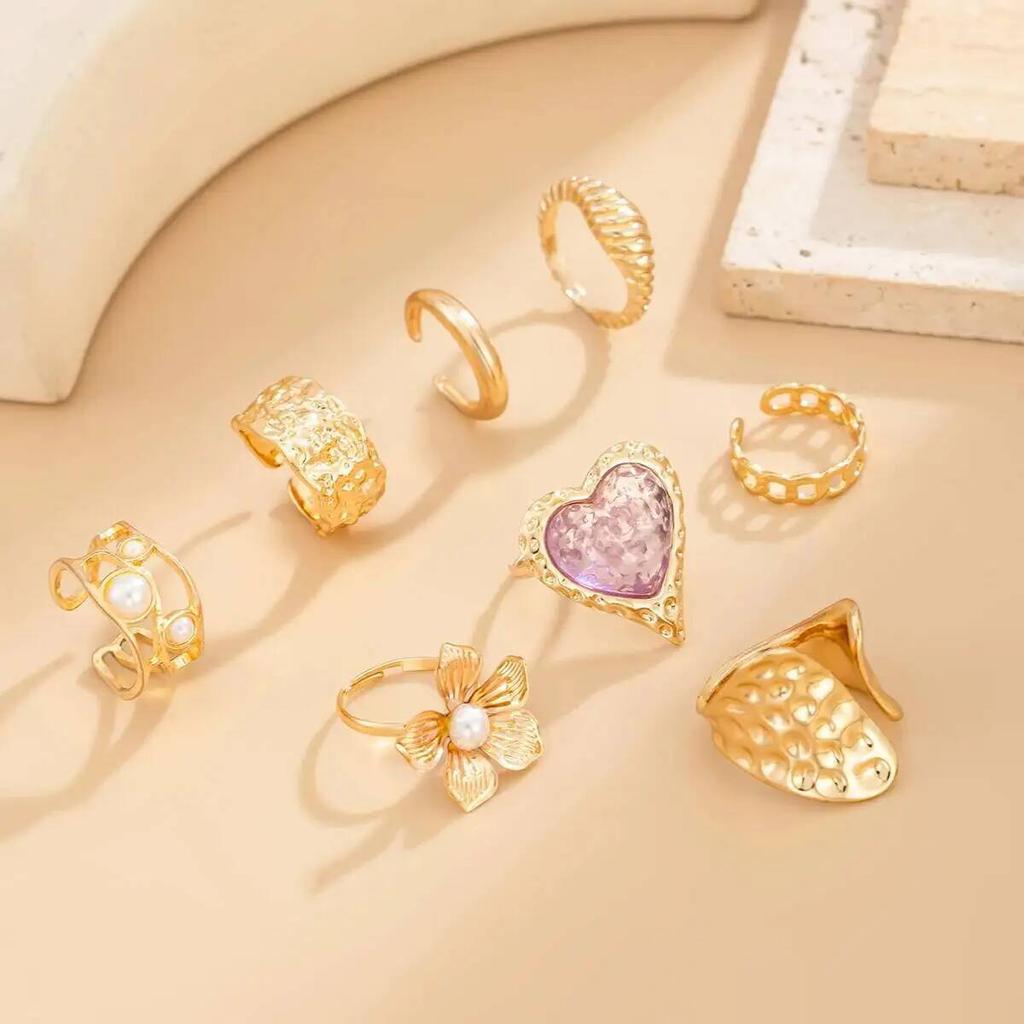Ingemark 8Pcs/Set Exquisite Luxury Imitation Pearl Open Rings Women Pink Acrylic Rhinestone Heart Ring Couple Jewelry Gifts New