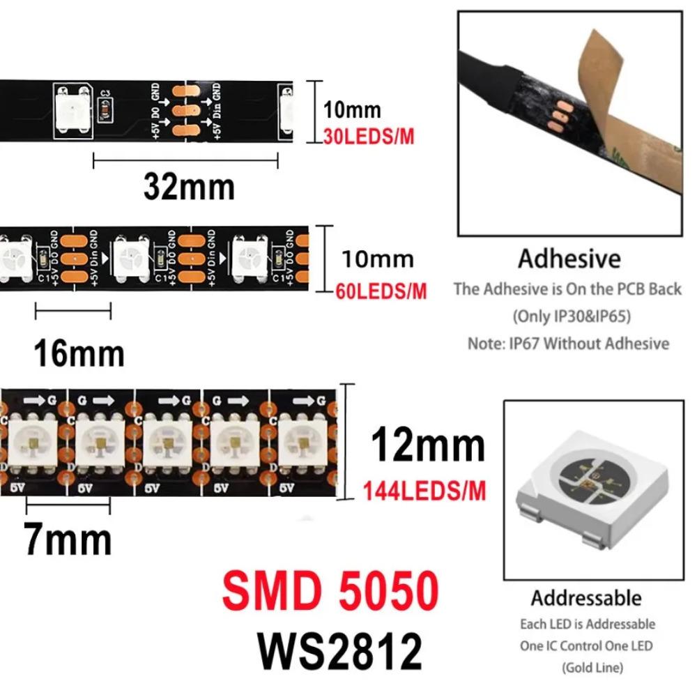 WS2812B DC 5V RGBIC 5050 Умная светодиодная лента WS2812 30/60 пикселей/светодиодов/м Свет Индивидуально адресуемый IC Черный Белый IP30