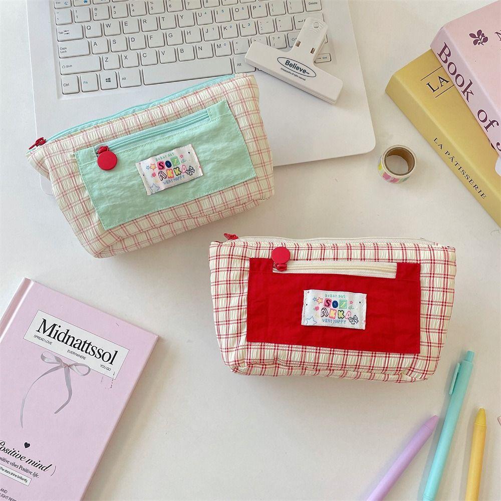 Portable Contrasting Grid Pen Case Dopamine Cute Makeup Bag Casual Cartoon Stationery Box School