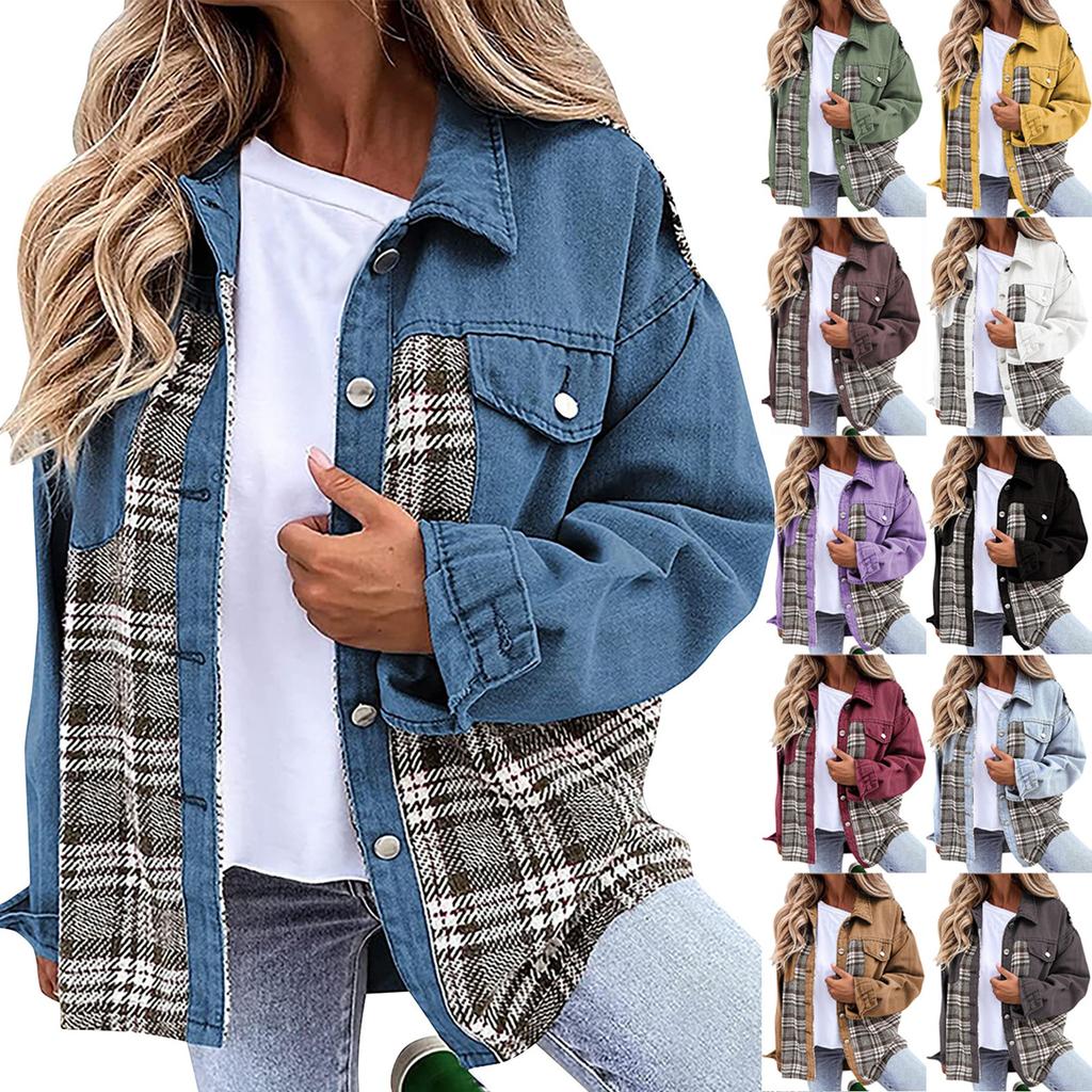 Womens Long Sleeve Denim Jacket Plus Size Basic Lapel Button Down Cropped Casual Jean Jackets Trucker Coats Jacket