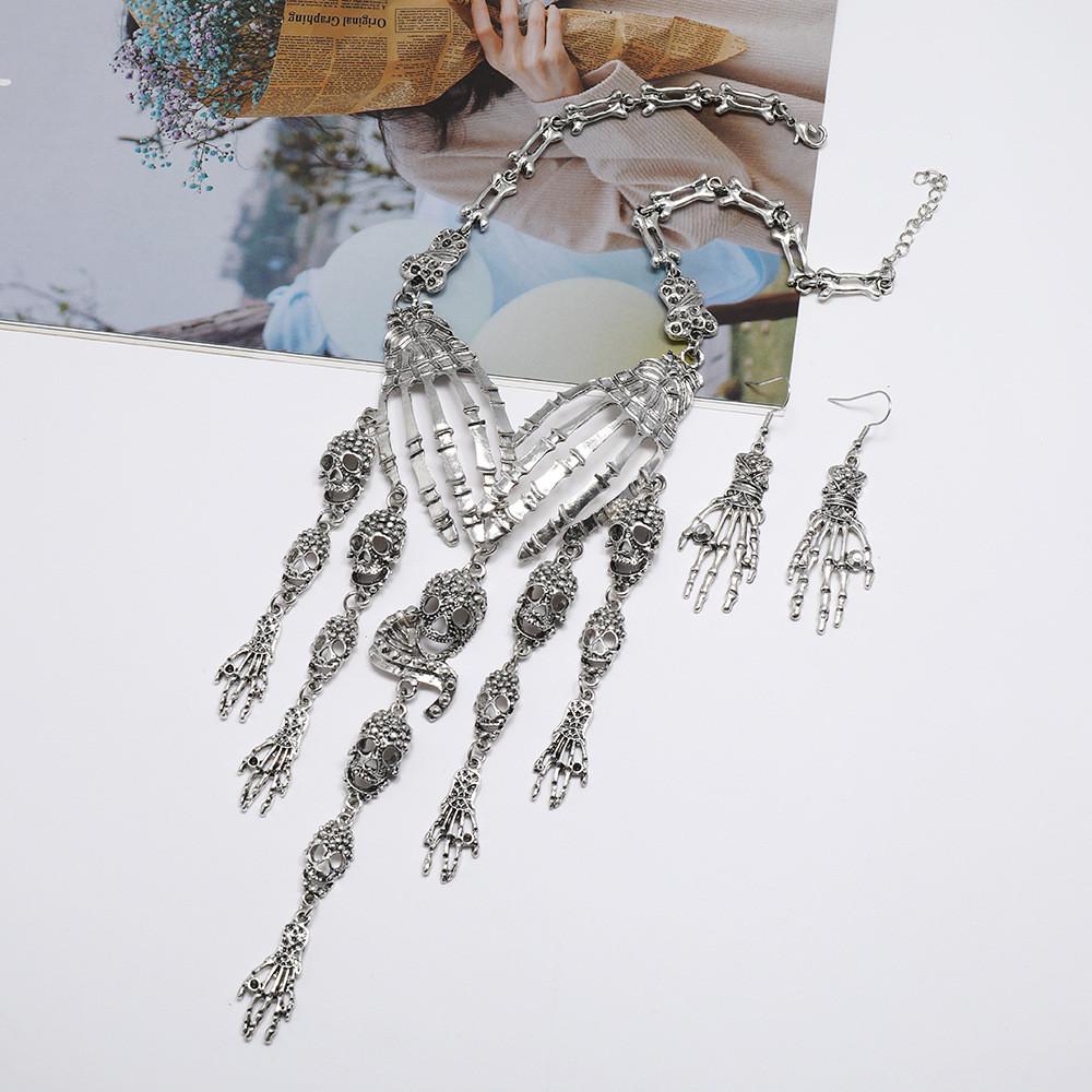 Fashion Bone Hand Women Necklace And Earring Set With Skeleton Design Fringe