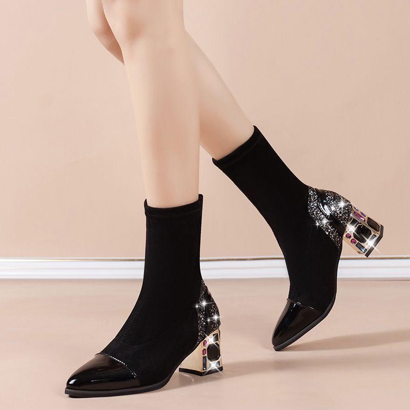 Ботильоны на толстом каблуке, модная обувь, женские осенне-зимние новые повседневные женские ботинки, женская обувь с острым носком, полусапожки, детские