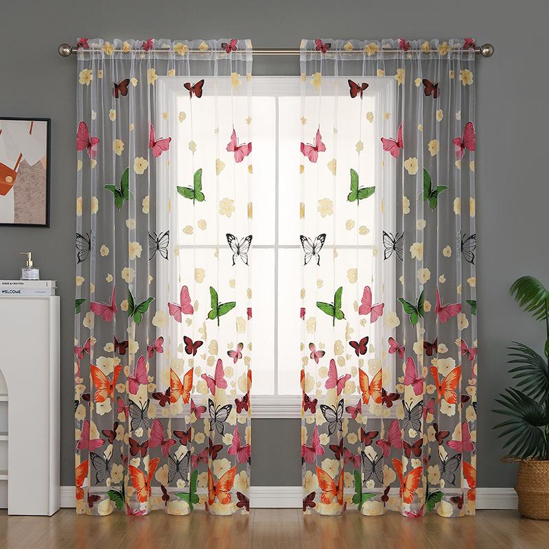 European And American Bay Window Curtain Tulle Finished Product, No Punching Custom Butterfly Printing Fabric