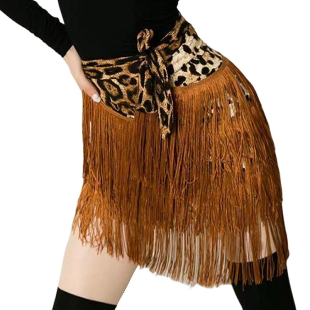 Tassel Latin Dance Skirt Leopard Print Rumba Dance Skirt Fashion Performance Costume  for Women