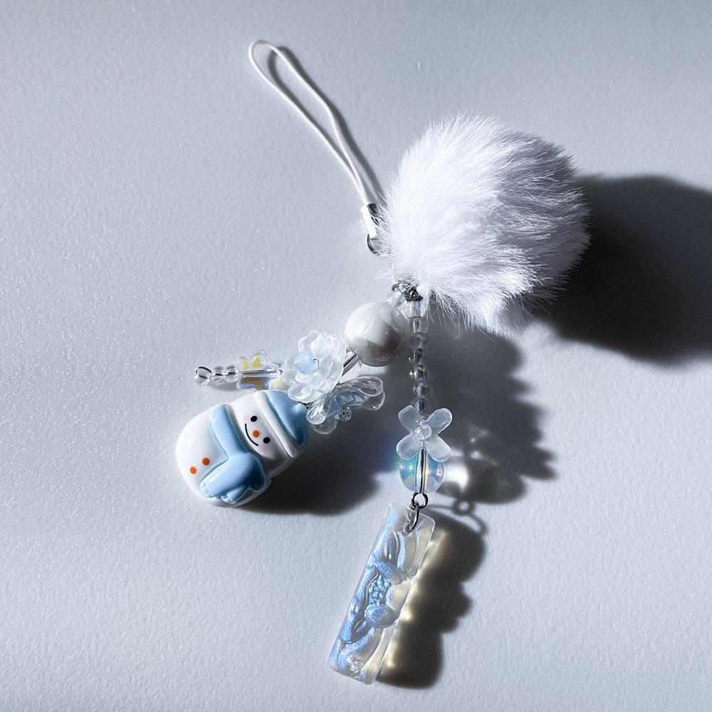 Cute Snowman Phone Charms Chain White Pom Pom Blue Flower Bead Winter Pendant Fairy Core Keychain for Schoolbag Camera Xmas Gift