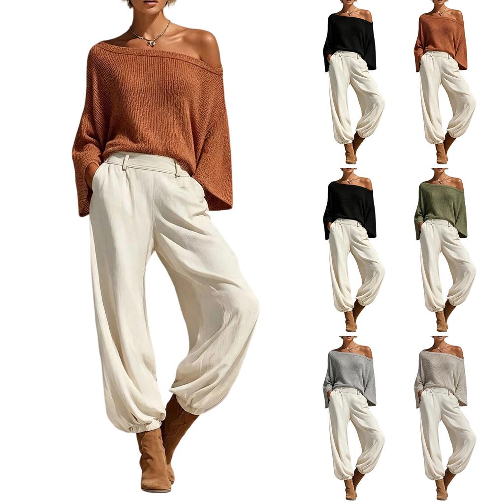 Women's Off Shoulder Top and Casual Pants Two Piece Outfit Set