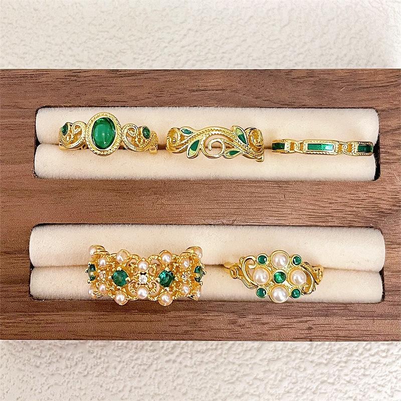 Fashion Gold Emerald Drop Glaze Open Ring Zircon Enamel Personality Light Luxury Premium Retro Ladies Ring