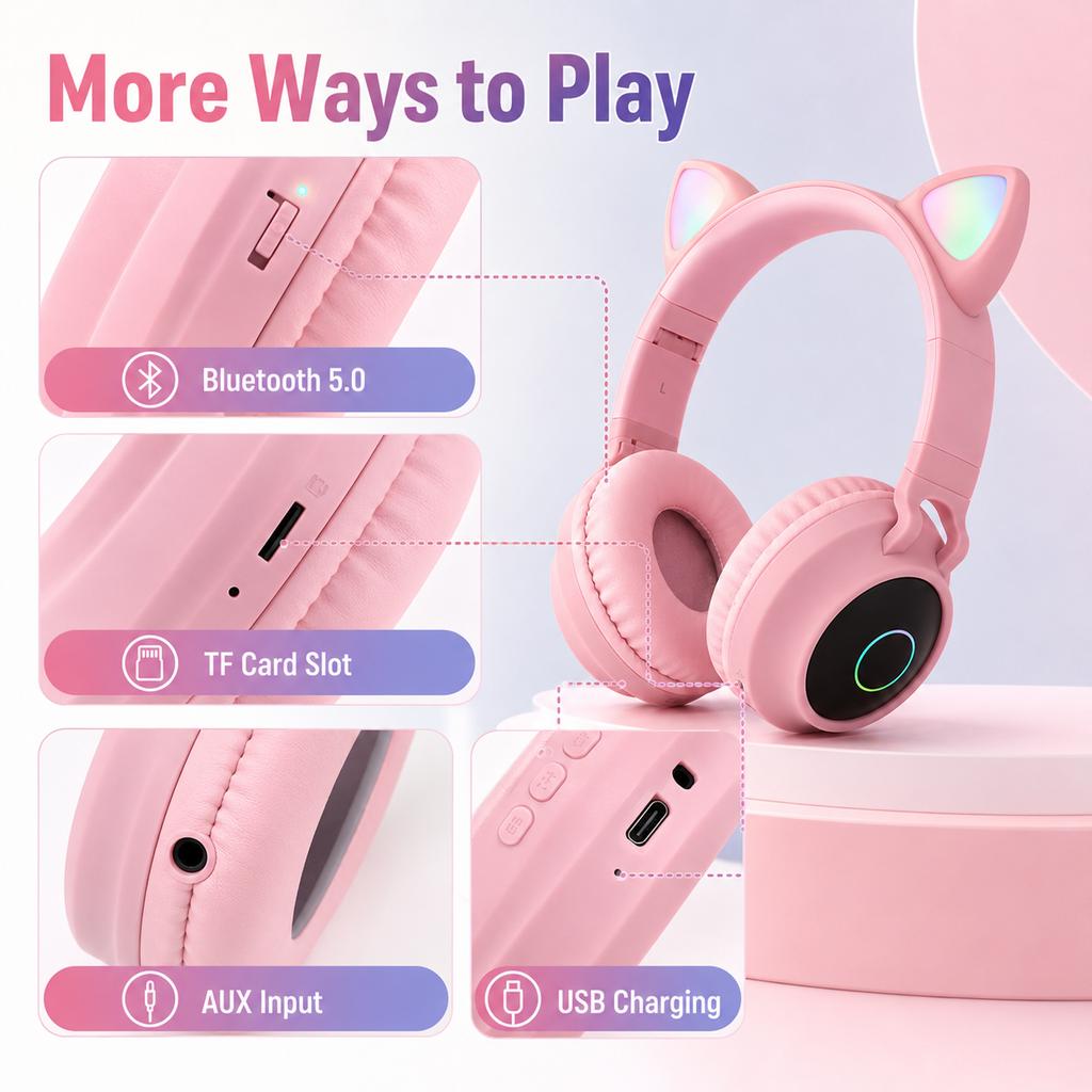 XiaomiCute Cat Ear Headphones Bluetooth Wireless Headphones LED Light Earphones Foldable Headset with Mic TF Card AUX for Kids
