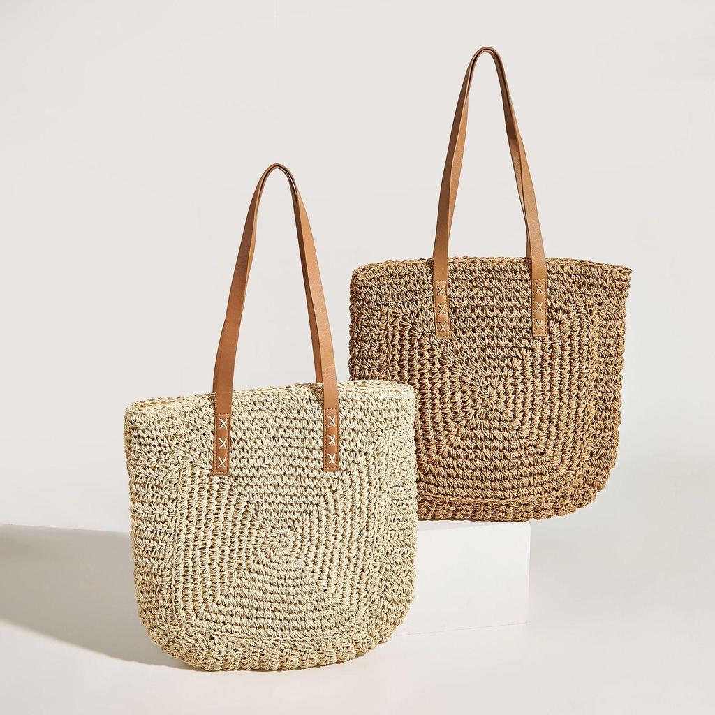 Vintage Straw Woven Shoulder Shopping Bag Casual Women Summer Large Capacity Beach Totes