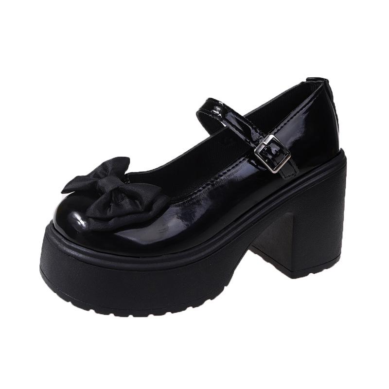Туфли Мэри Джейн женские осень и зима 2024 новые круглый носок с бантом маленькие кожаные туфли толстый каблук платформа высокие каблуки
