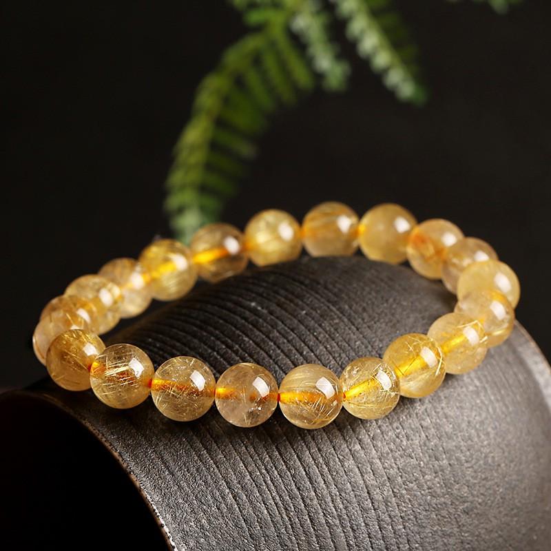 9mm Natural Golden Rutilated Quartz Beaded Bracelet Women Handmade Bohemian Style Crystal Jewelry