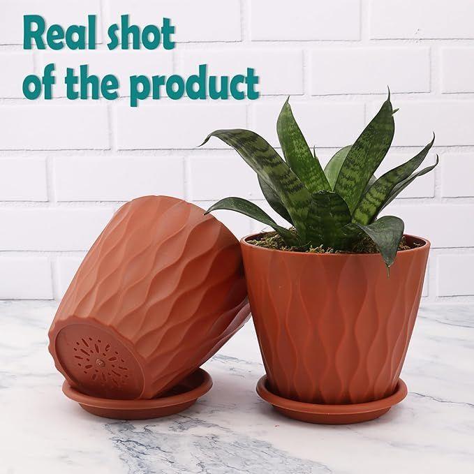 6,3-дюймовые цветочные горшки для украшения дома, комнатных растений, садоводства, пластиковые цветочные горшки для садовых растений (малиновый цвет) (Набор из 5 ГОРШКОВ)