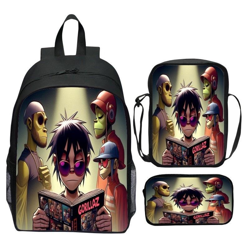 Gorillaz UK Virtual Band Printed Cartoon Backpack 3-Piece Set School Bag Lightweight Large Capacity
