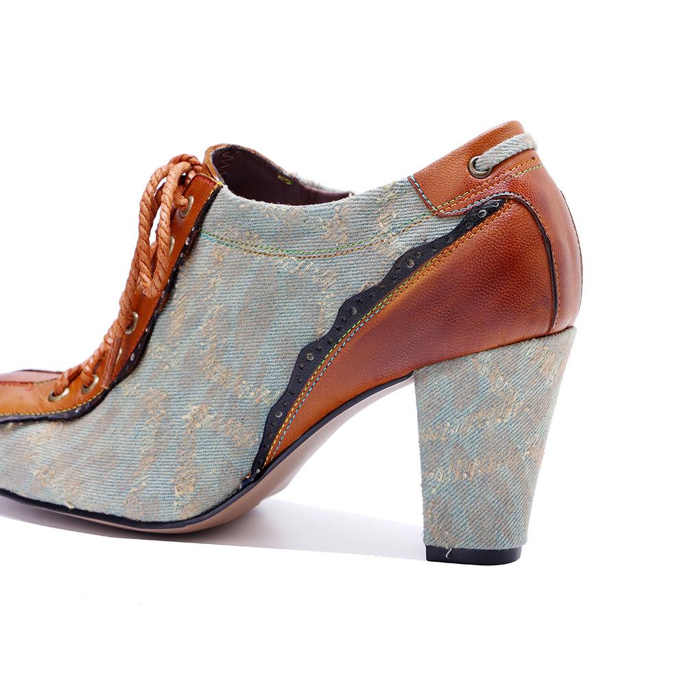 Johnature Fashionable Lace Up High Heels Retro Genuine Leather Patchwork Women's Shoes