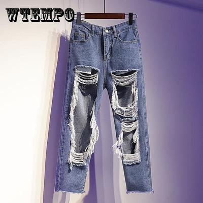 Летние джинсы с большими дырками, женские свободные брюки большого размера для папы, прямые брюки с девятью точками