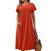 Women's Fashion Solid Color Round Neck Pocket Pleated Short Sleeve Cotton And Linen Dress