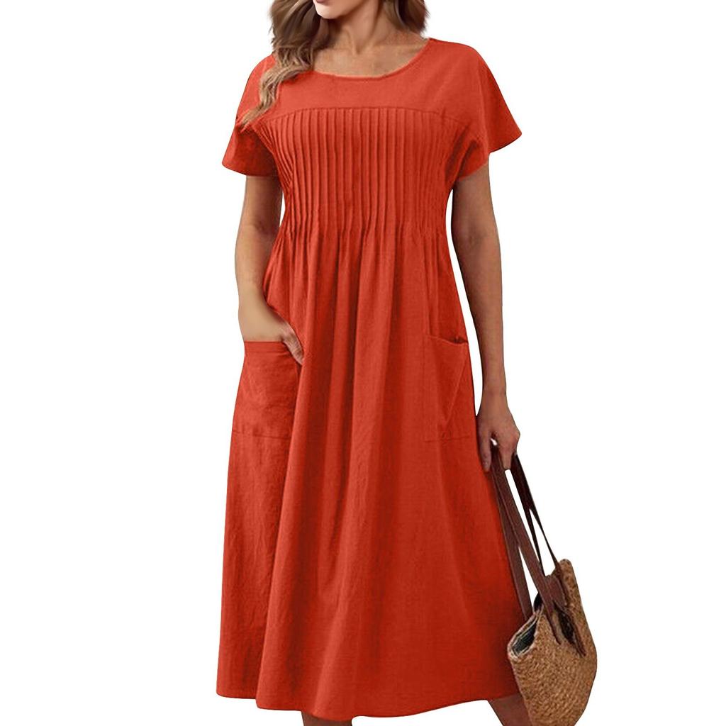 Women's Fashion Solid Color Round Neck Pocket Pleated Short Sleeve Cotton And Linen Dress