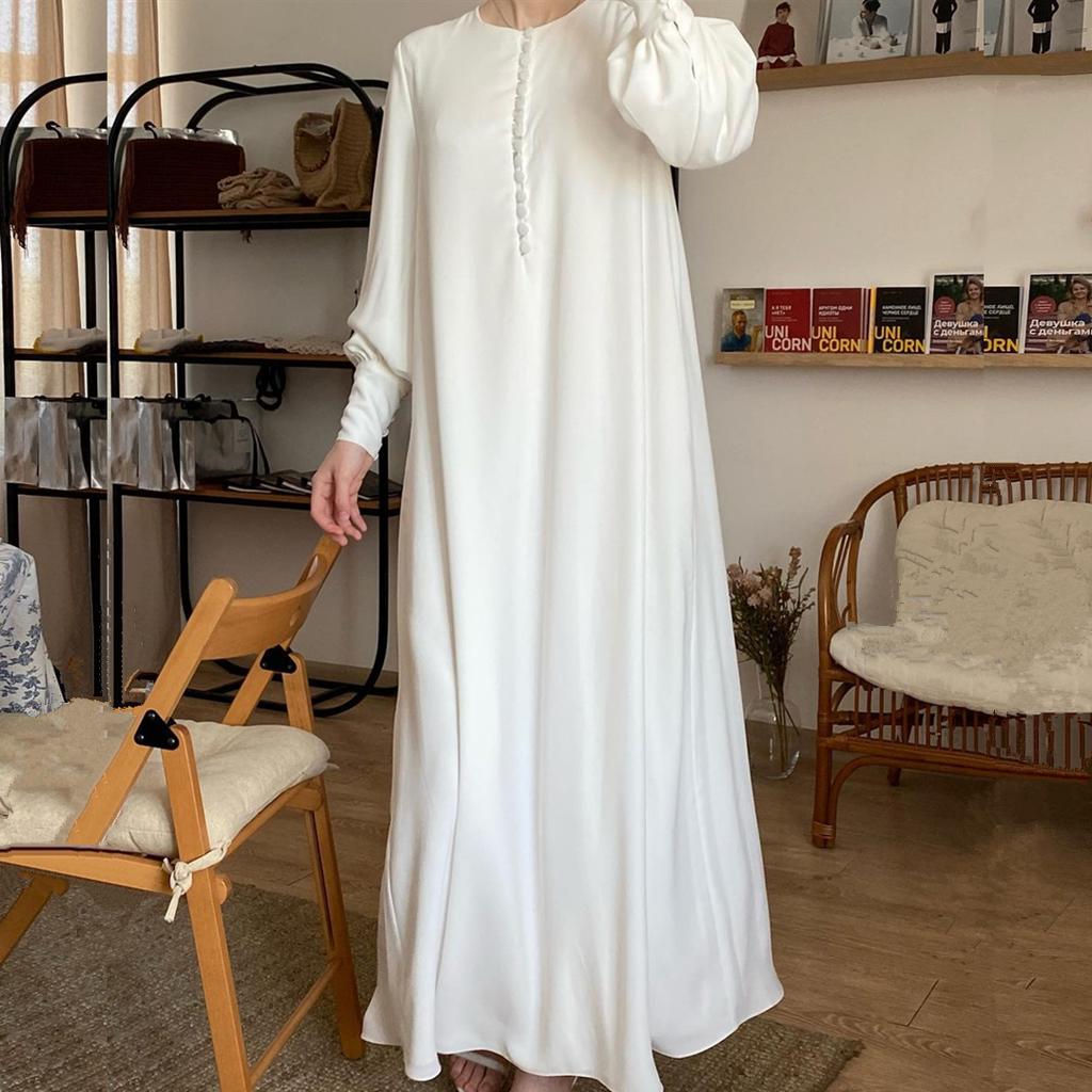 Muslim Women Soft Chiffon Long Skirt Solid Color Maxi Dress Baju Raya Jubah Muslimah Kaftan Long-sleeved Dress