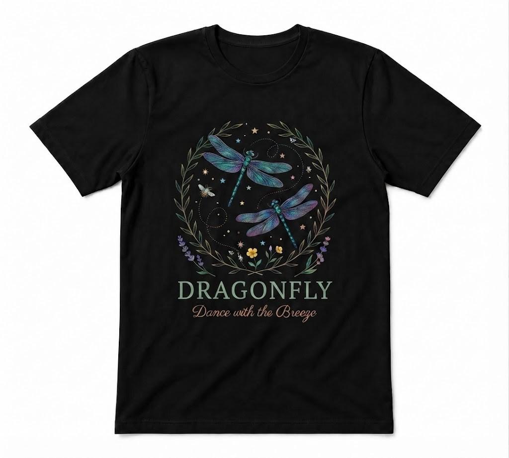 Dragonfly Dance With The Breeze Lower Lover Cute Wildflowers Black T-shirt