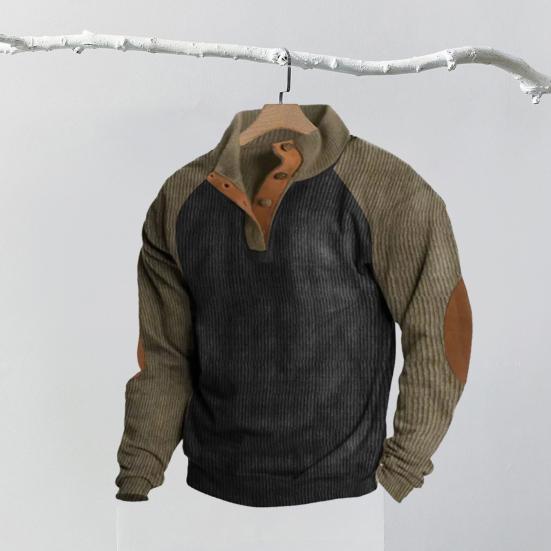 Весна Осень Мужская Толстовка Цветные Блоки Пэчворк Ретро Стиль Полуоткрытый Воротник-стойка Топ Плюс Размер Свободный