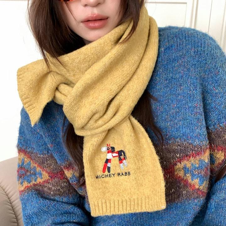 Korean cute pony embroidered scarf women's winter fashion versatile atmosphere warm and cold knitted scarf couple
