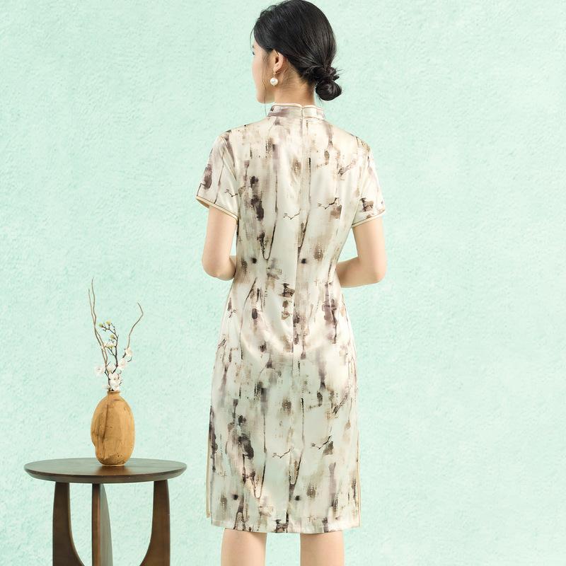 Flag Opening Victory 19mm Mulberry Silk Cheongsam [Abstract Splash Ink Pattern] Elegant and Elegant Straight Tube Dress
