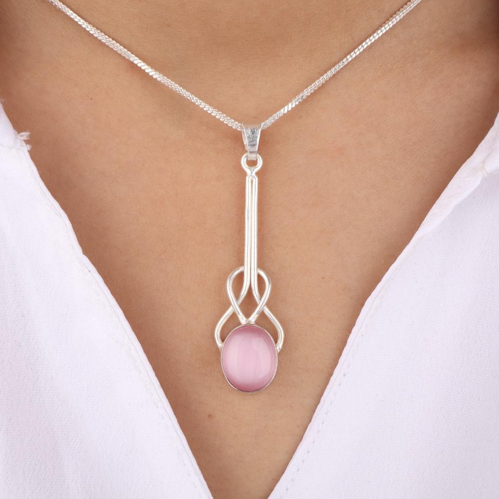 Розовый камень Кошачий глаз Ювелирный кулон из стерлингового серебра 925 пробы 1,79" Подарок для мамы PP-60-49