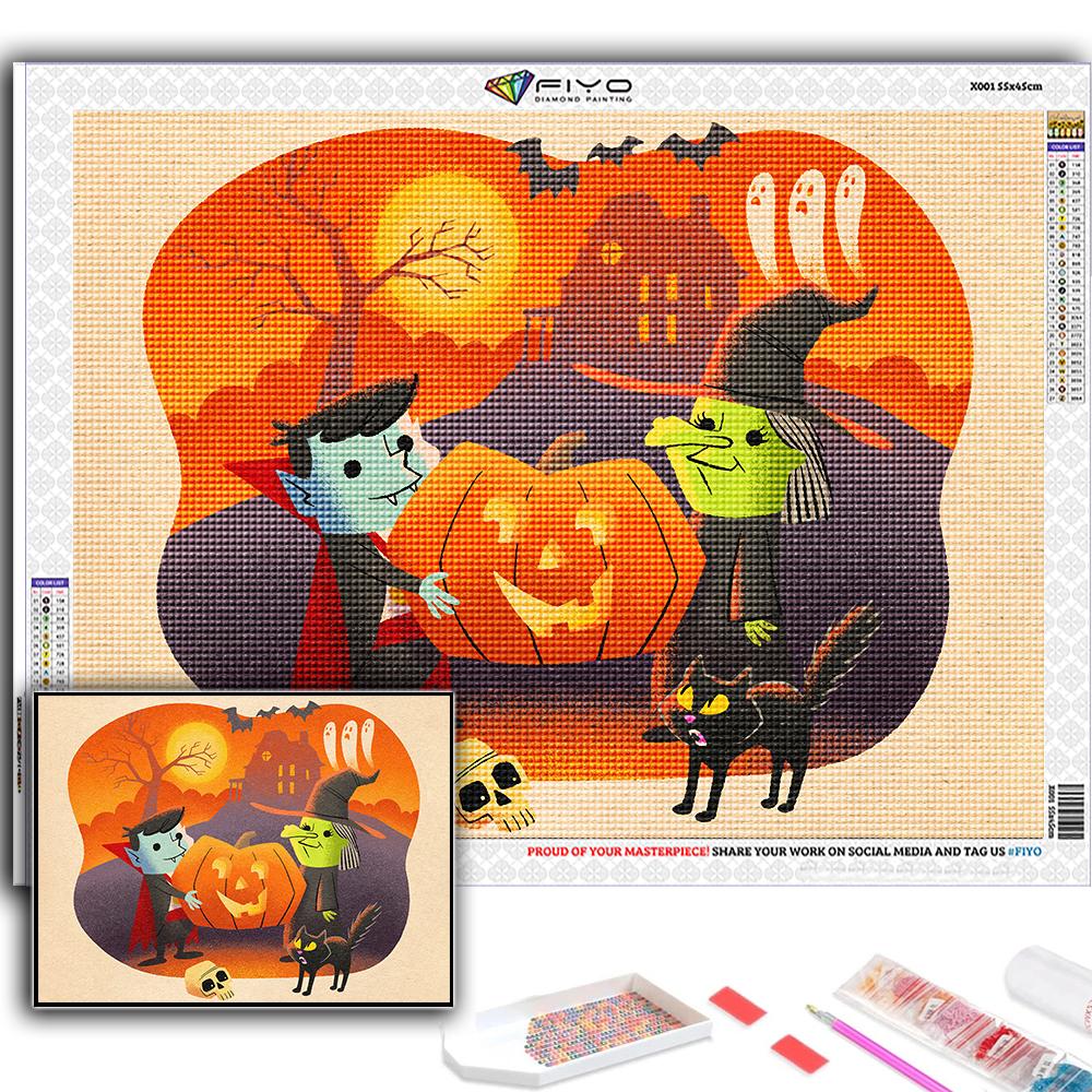DIY 5D Diamond Painting Halloween Pumpkin And Witch Castle Cross Stitch Kit Full Drill Embroidery Mosaic Art Picture of Rhinestones Gift
