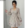 MODIQUE 2025 Summer New Women's Sexy Floral Print Lantern Sleeve Pleated Short Dress Ladies Casual A-Line Hot V-Neck Dress