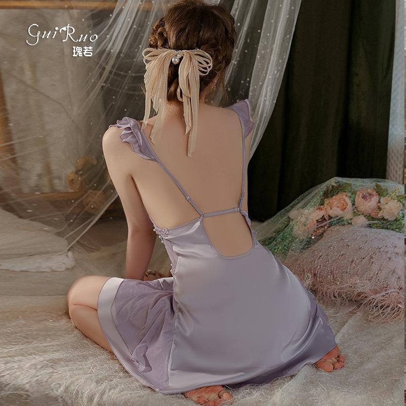 Women's Satin Lace Mesh Padded Flutter Sleeve Cami Sleep Dress with Robe Set