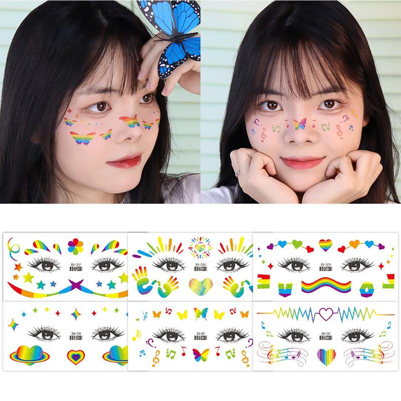 Радужная наклейка на лицо, водонепроницаемая временная татуировка, красочный узор, луна, звезда, боди-арт, рука, поддельные татуировки для женщин и мужчин