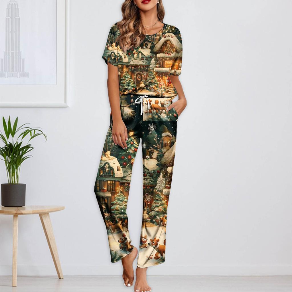 Женский шелковый атласный пижамный комплект с рождественским принтом, рубашка с коротким рукавом и длинные пижамные штаны, мягкая домашняя одежда