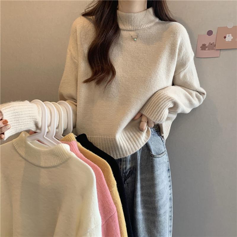 Корейский однотонный свитер с полувысокой горловиной для женщин, короткий модный повседневный трикотаж с однотонным пуловером внутри для осени и зимы