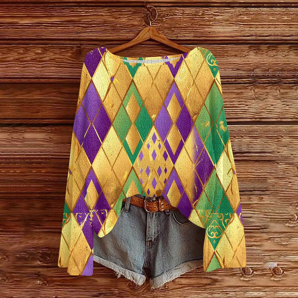 Women's Casual Fashion Round Neck Top Carnival Print Long Sleeve Knit Pullover