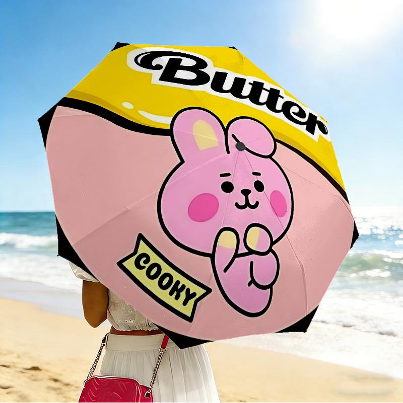 Butter Rabbit 8 Ribs 3Fold Black Glue Uv Protection Umbrella Sun Protection Rainproof Compact Folding Umbrella For Travel Daily Use C924348